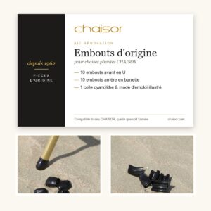 Kit rénovation embouts d'origine CHAISOR : 10 embouts avant, 10 embouts arrière, colle cyanolithe et mode d'emploi
